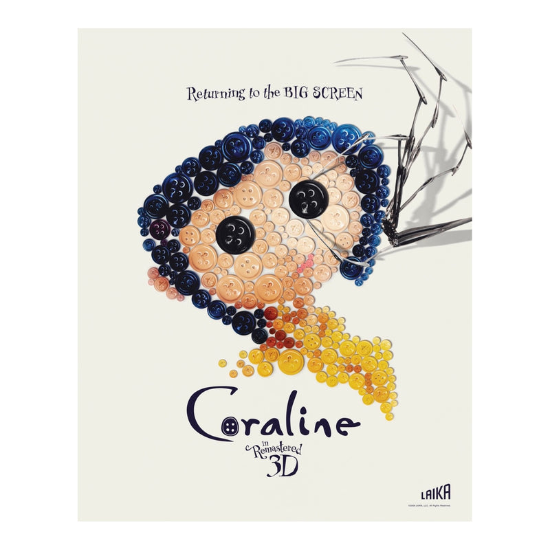 A Coraline 3D film poster print featuring a stylized fish made of colorful buttons on a cream background, with the text 'Returning to the BIG SCREEN' and 'Coraline Retrospective 3D'.