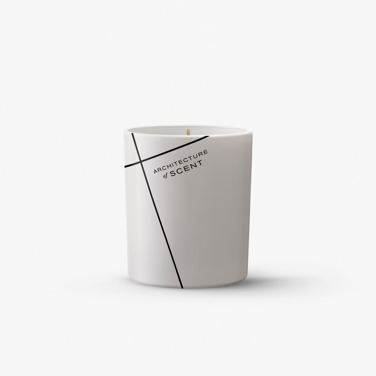 A white cylindrical scented candle with a single wick, featuring a minimalist black geometric line design and the text 'ARCHITECTURE & SCENT' printed on the front, set against a clean white background.