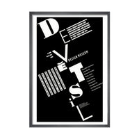 Black poster with white diagonal writing  in a black frame.