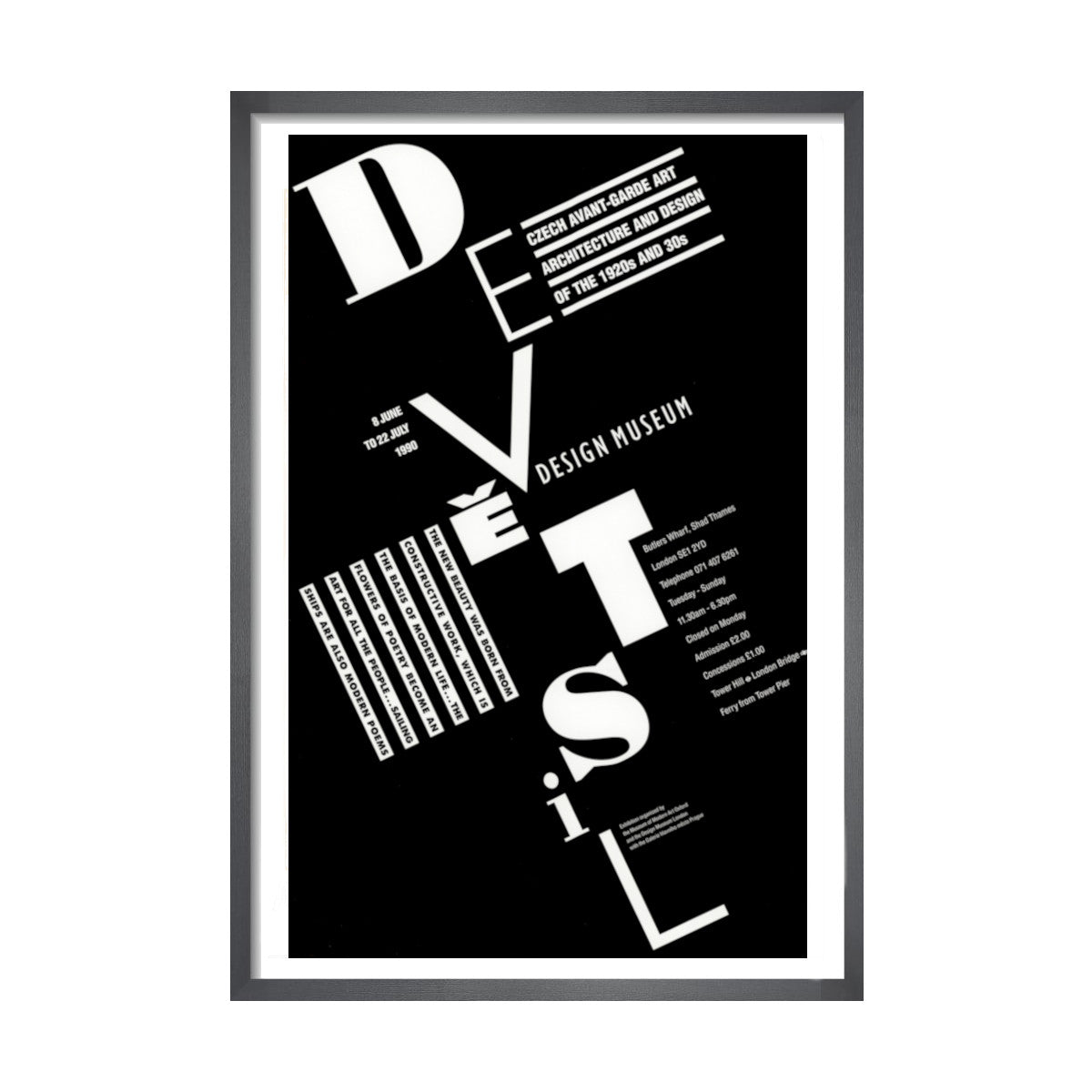 Black poster with white diagonal writing  in a black frame.