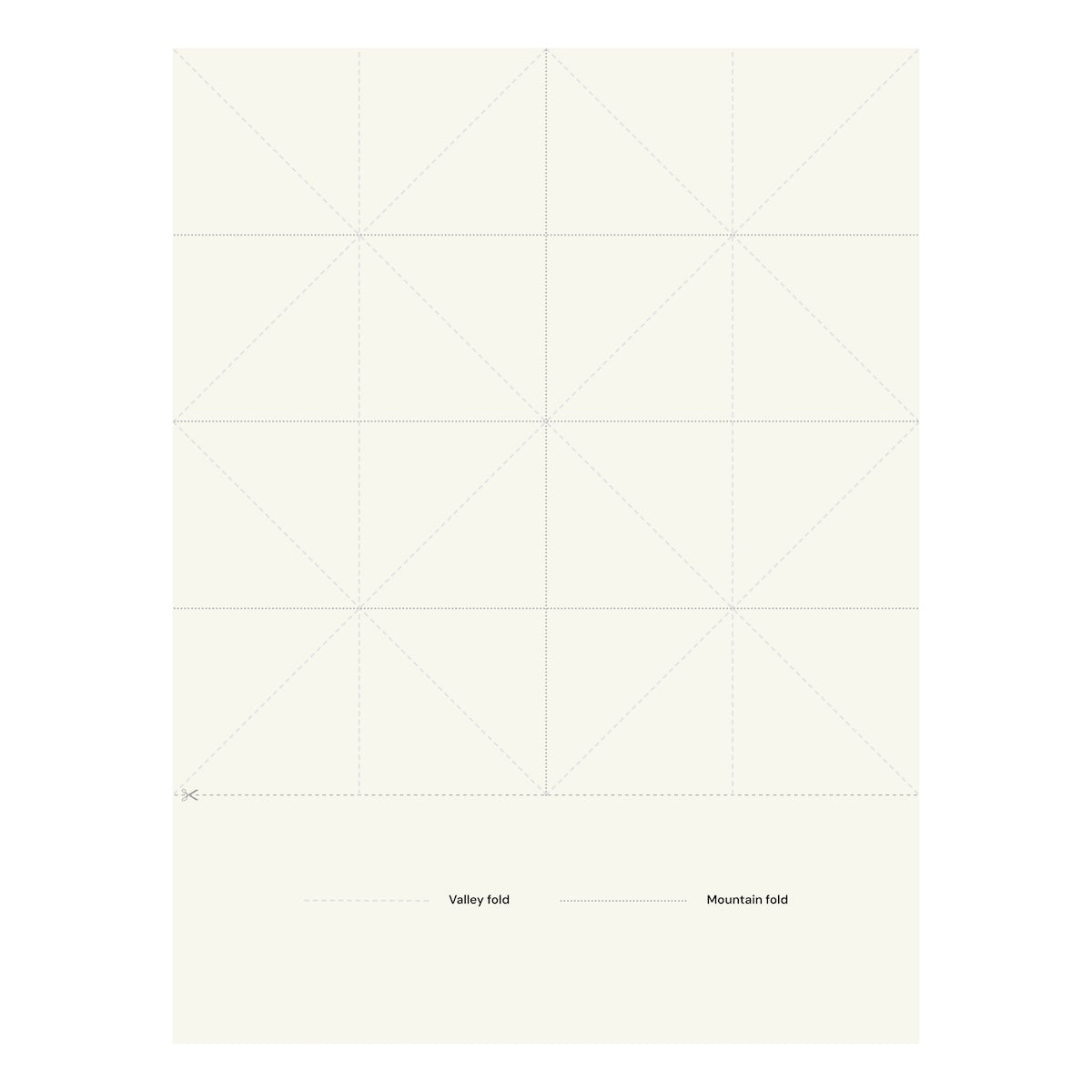 A flat sheet of paper with faint grid and diagonal guide lines for folding, labeled 'Valley fold' and 'Mountain fold' at the bottom, on a white background with a small blue-green mark near the lower right.