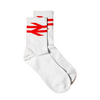White socks with red logo on a white background
