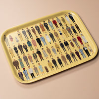 Yellow tray with a pattern of illustrated people on a beige background