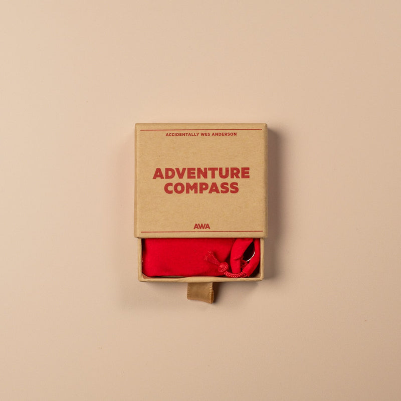 Cardboard box with 'Adventure Compass' on a beige background