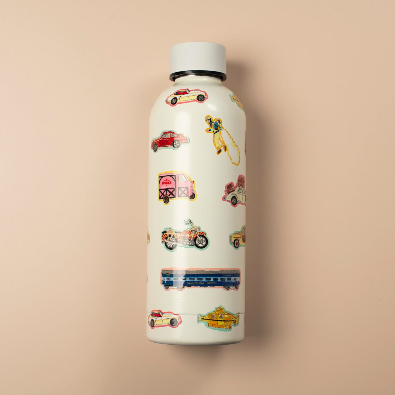 White water bottle with colorful car illustrations on a beige background