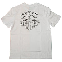 White t-shirt with alien graphic and 'Asteroid City 1955' text on a two-tone background