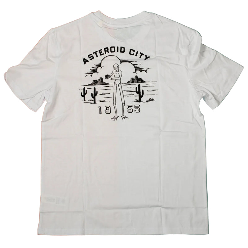 White t-shirt with alien graphic and 'Asteroid City 1955' text on a two-tone background