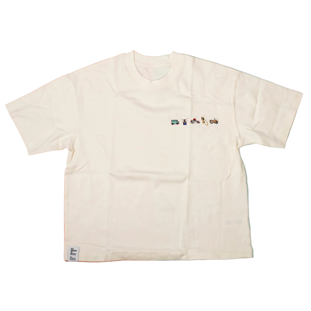 White t-shirt with small graphic on a two-tone background