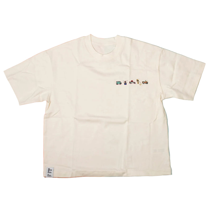 White t-shirt with small graphic on a two-tone background