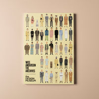 Poster of a grid of people with text 'Wes Anderson The Archives' on a beige background
