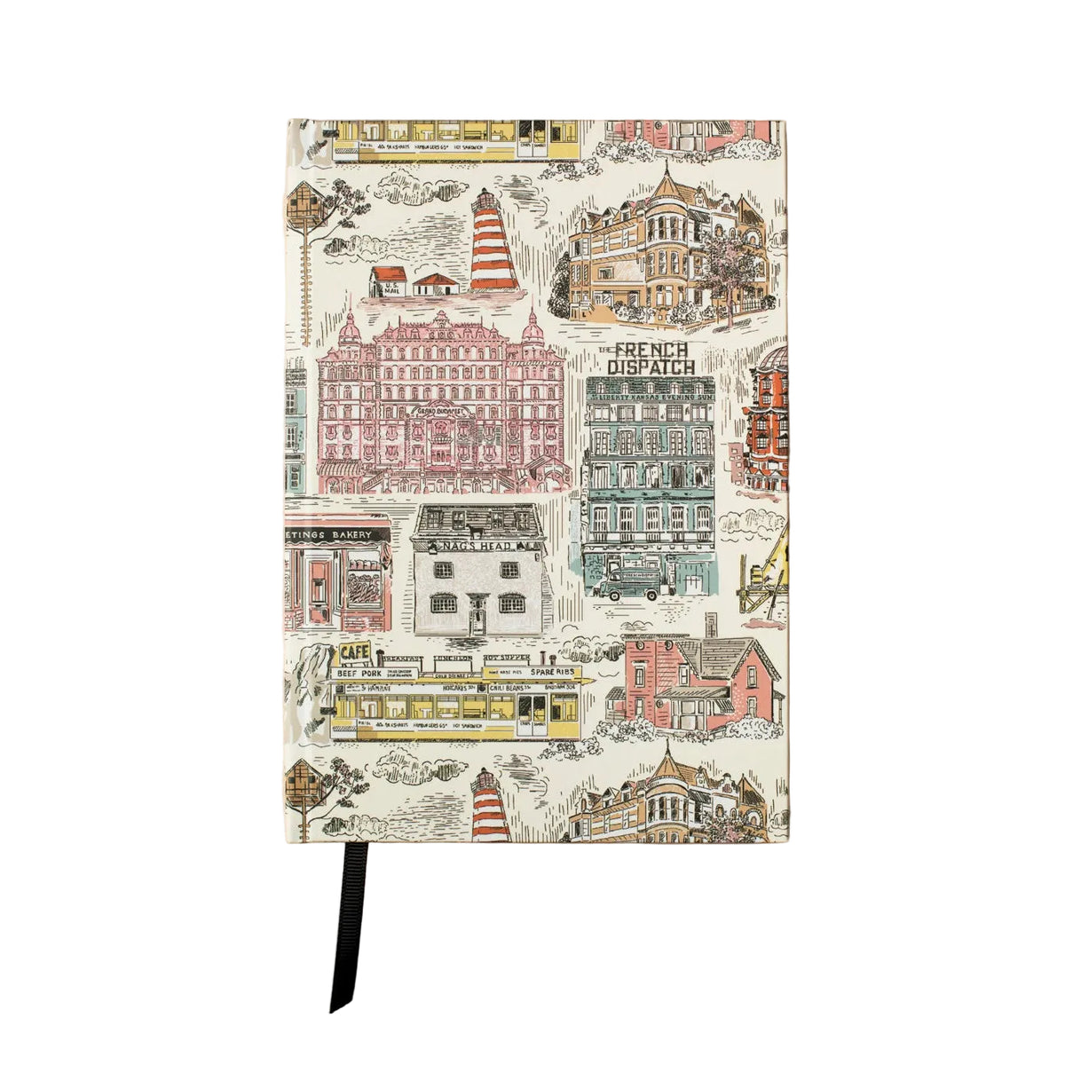 Notebook with a detailed cityscape illustration on a beige background