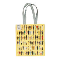 Tote bag with a pattern of small figurines on a yellow background