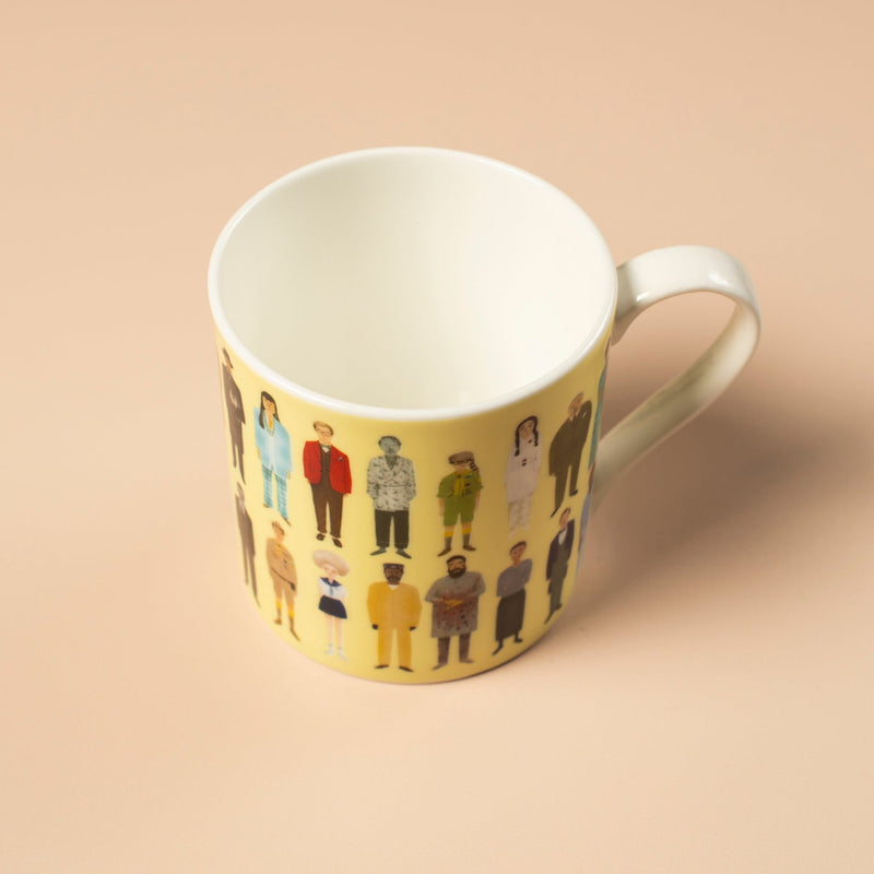 Mug with a pattern of people on a beige background
