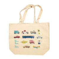 Beige tote bag with colorful vehicle illustrations on a beige background