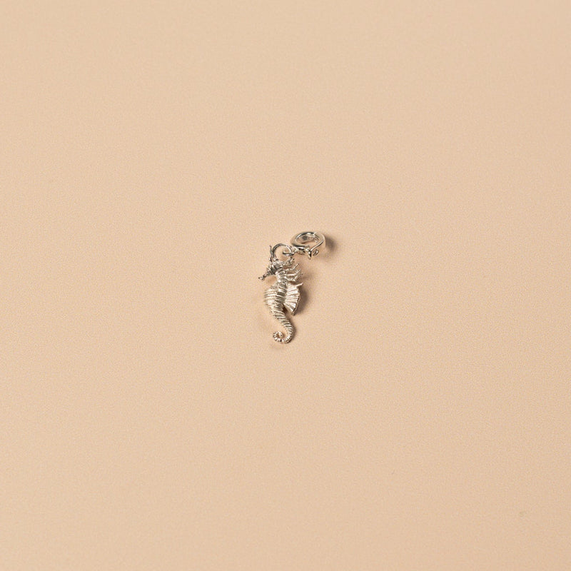 Silver seahorse pendant on a beige background