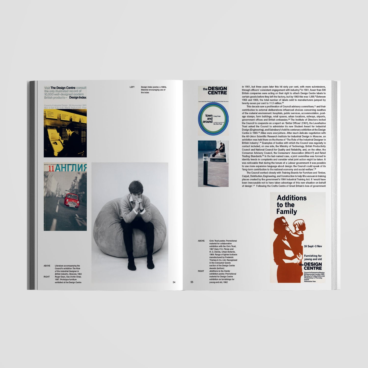 Open page of design council book with magazine-style layout on a light gray background