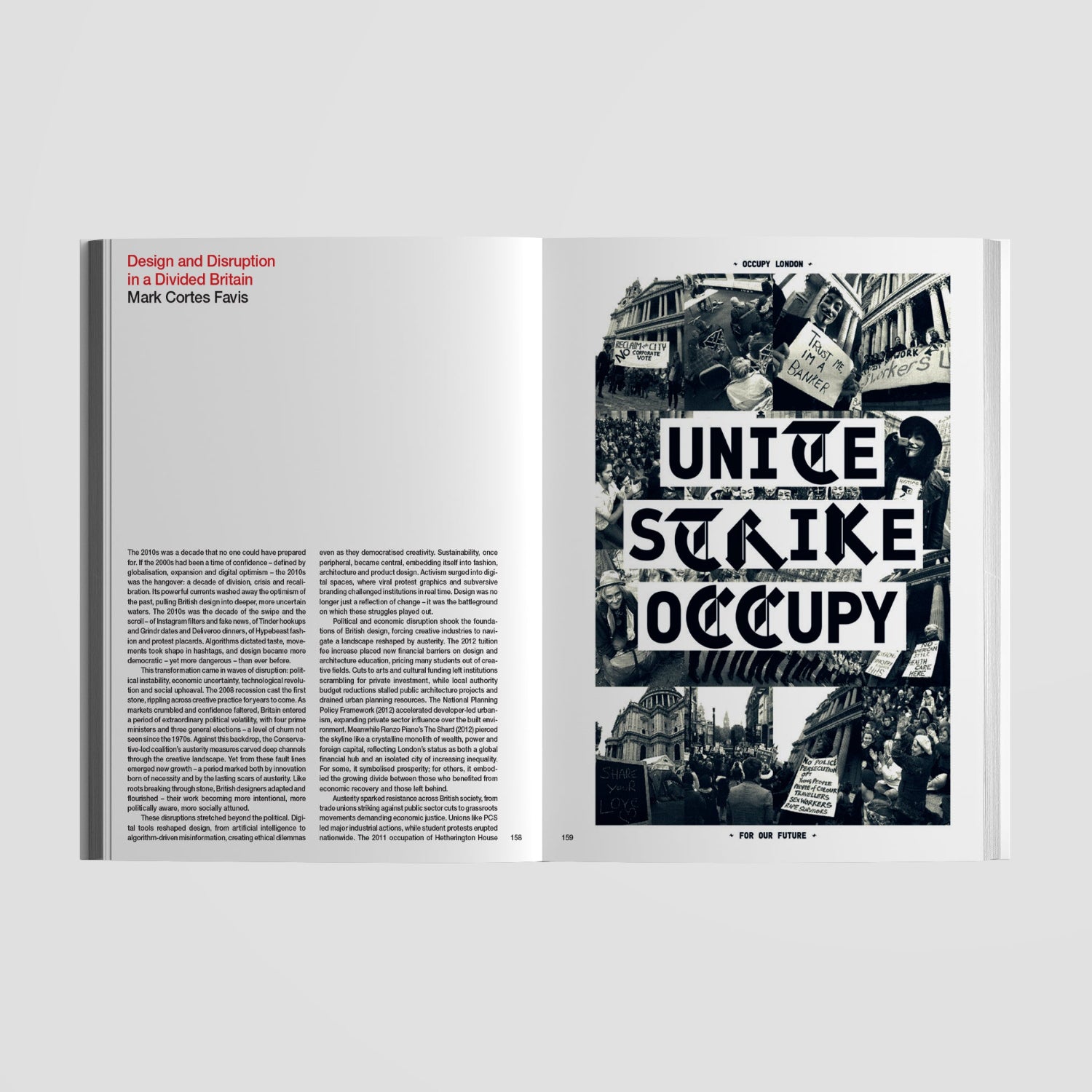 Open page of Design Council book with text and a black and white photograph of a protest sign.