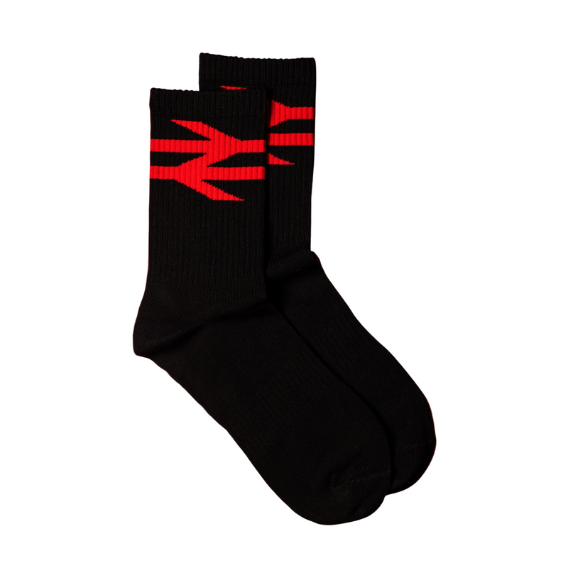 Black socks with red logo on a white background