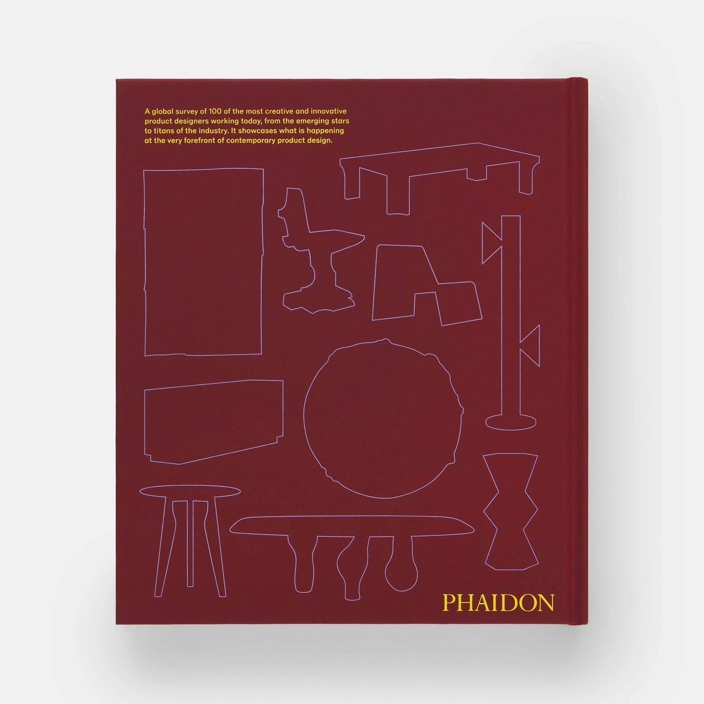 The back cover of Design for Life by Phaidon featuring line drawings of various design-related shapes and objects on a burgundy background