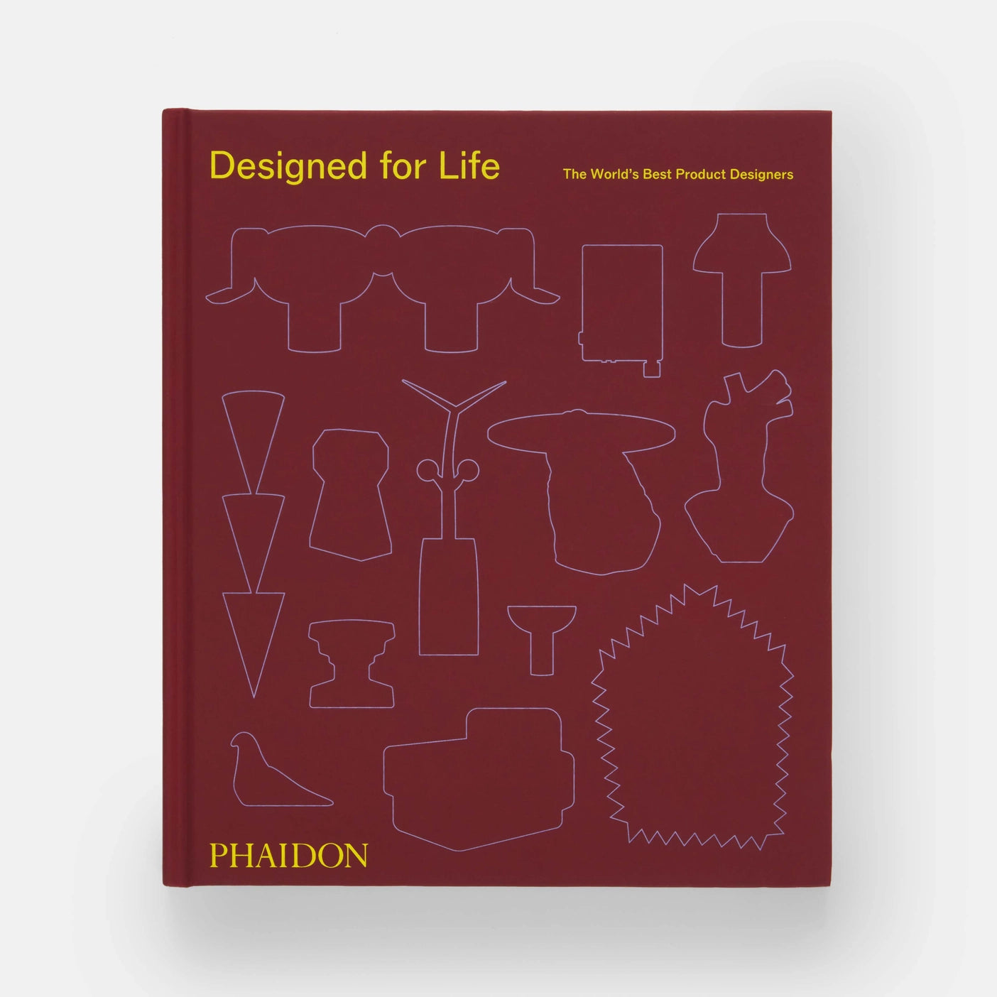 Cover of the book 'Designed For Life' by Phaidon, featuring a line drawing of various design-related shapes and objects on a burgundy background
