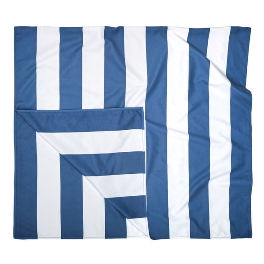 Dock & Bay Towel white and blue stripes foldback to square shape on white background.