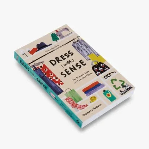 Front cover of Dress with Sense book with colourful illustrations of clothes on a pale yellow background and a blue spine.