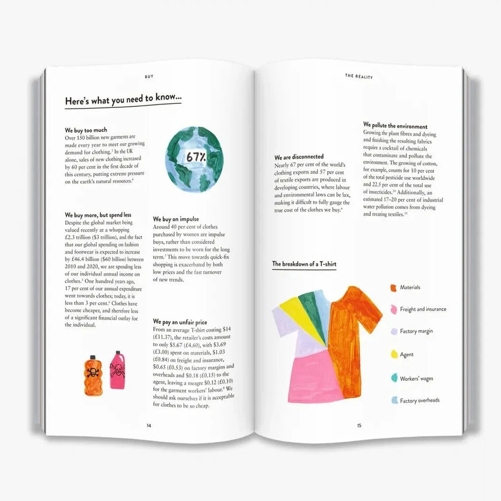 Inside page of Dress with Sense with colourful drawings of a t-shirt and a globe and black text on a white background.