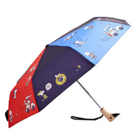 Open blue and red umbrella featuring illustrated characters and a duck shaped handle