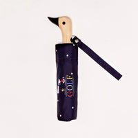 Closed umbrella with a duck shaped handle in a blue sleeve
