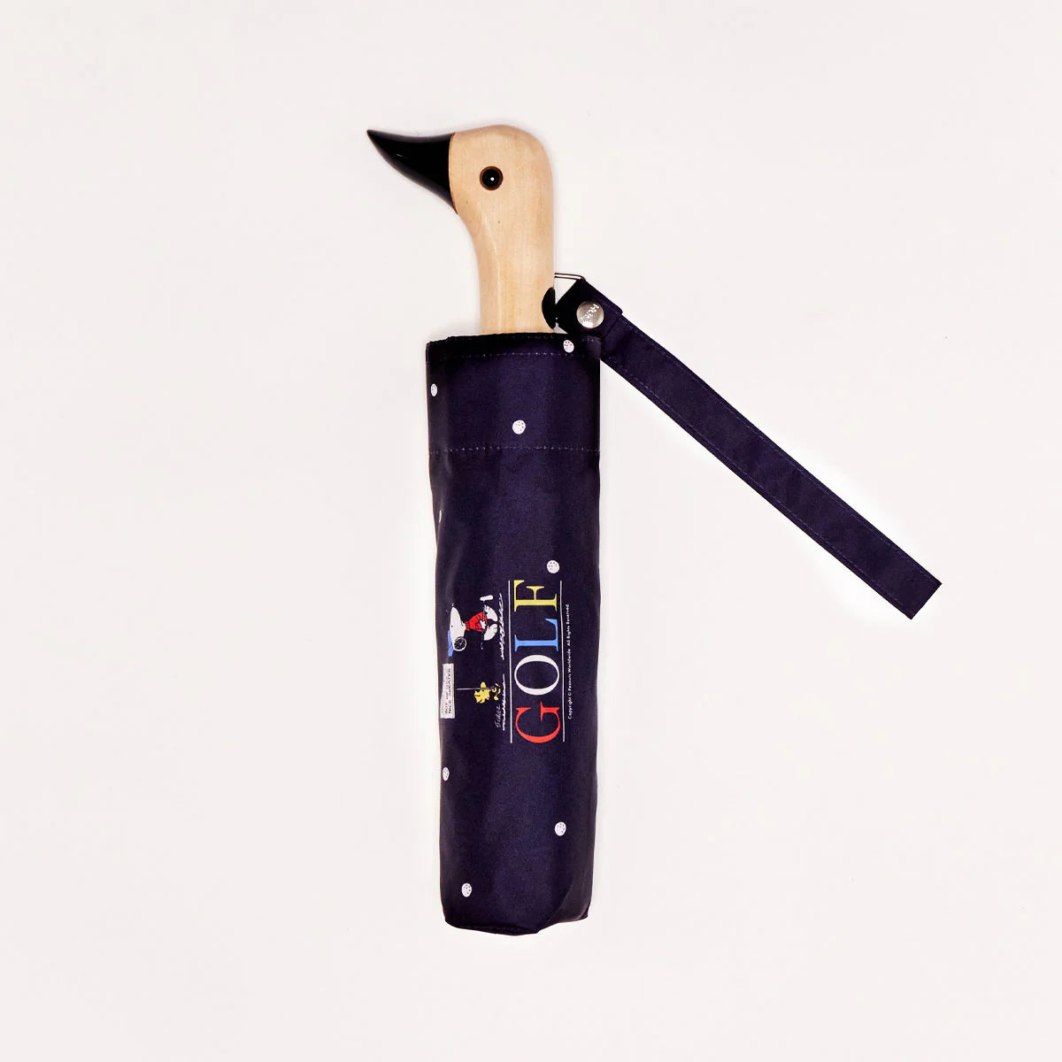 Closed umbrella with a duck shaped handle in a blue sleeve