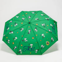 Open green patterned umbrella on a white background