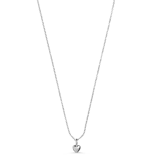 A delicate silver chain necklace with a small, polished heart-shaped pendant, displayed against a solid white background.