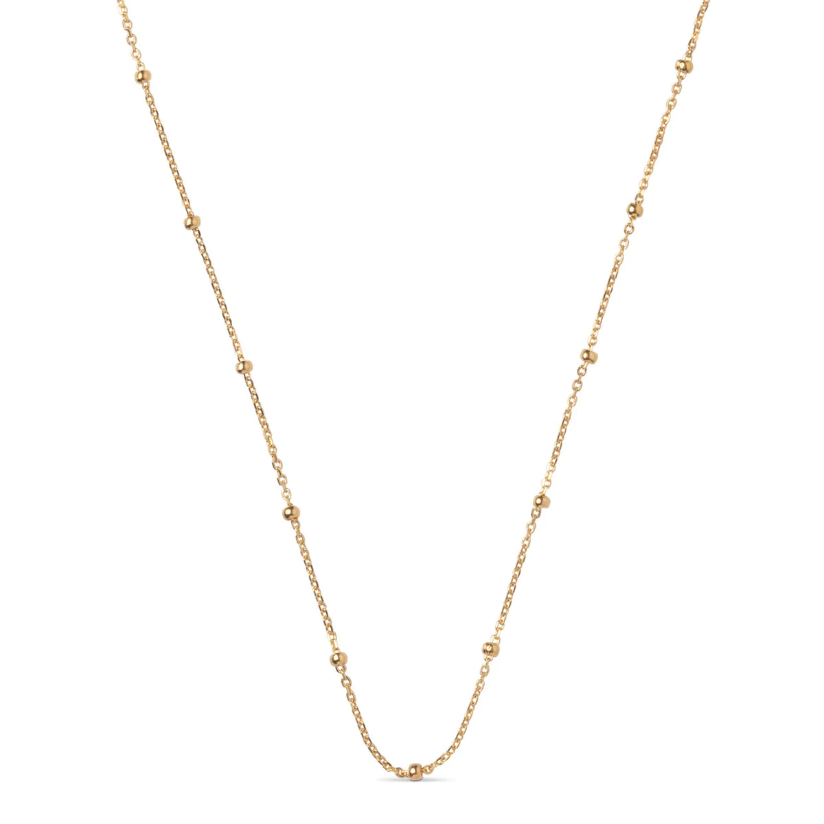 A delicate gold chain necklace featuring evenly spaced, small polished bead accents, displayed against a solid white background.