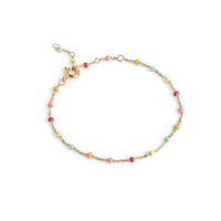 A delicate gold chain bracelet adorned with small, pastel beads in pink, yellow, light blue, and white, displayed on a clean white background.