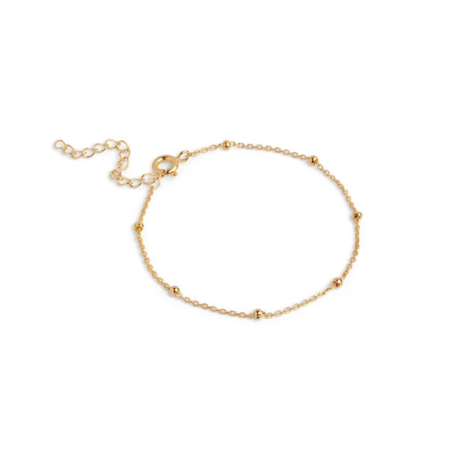 A delicate gold chain bracelet with small bead accents and an adjustable lobster clasp, displayed on a clean white background.