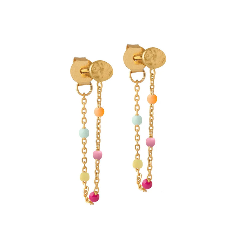 A pair of gold dangle earrings with small colorful enamel beads in pink, orange, yellow, mint green, and purple, shown on a plain white background.