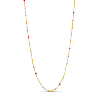 A delicate gold chain necklace featuring small, evenly spaced pastel-colored beads in pink, orange, yellow, and light blue, displayed on a clean white background.