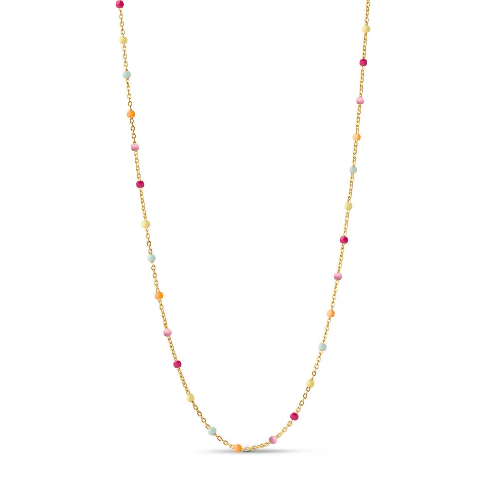 A delicate gold chain necklace featuring small, evenly spaced pastel-colored beads in pink, orange, yellow, and light blue, displayed on a clean white background.
