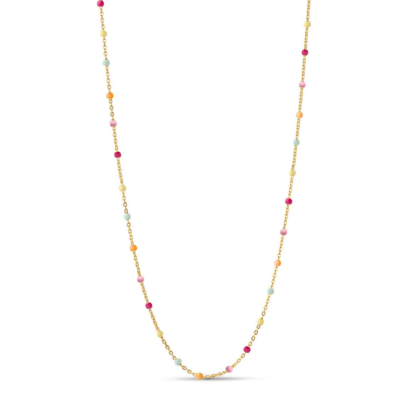 A delicate gold chain necklace featuring small, evenly spaced pastel-colored beads in pink, orange, yellow, and light blue, displayed on a clean white background.