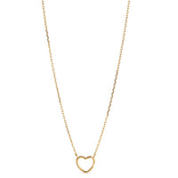 A delicate gold chain necklace featuring a small, minimalist open heart pendant, presented on a clean white background.