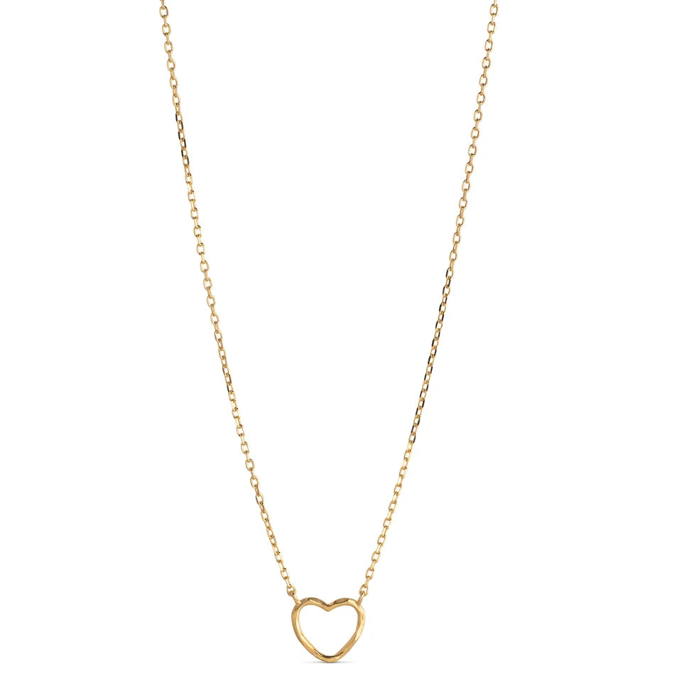 A delicate gold chain necklace featuring a small, minimalist open heart pendant, presented on a clean white background.