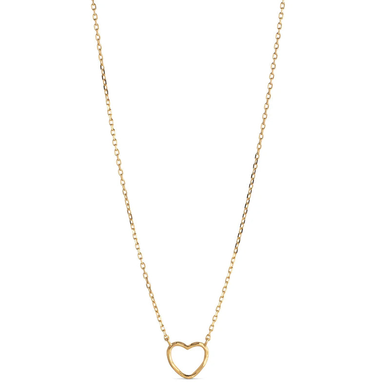 A delicate gold chain necklace featuring a small, minimalist open heart pendant, presented on a clean white background.