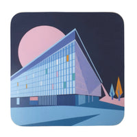 A square coaster with a colourful graphic design of the Design Museum. 