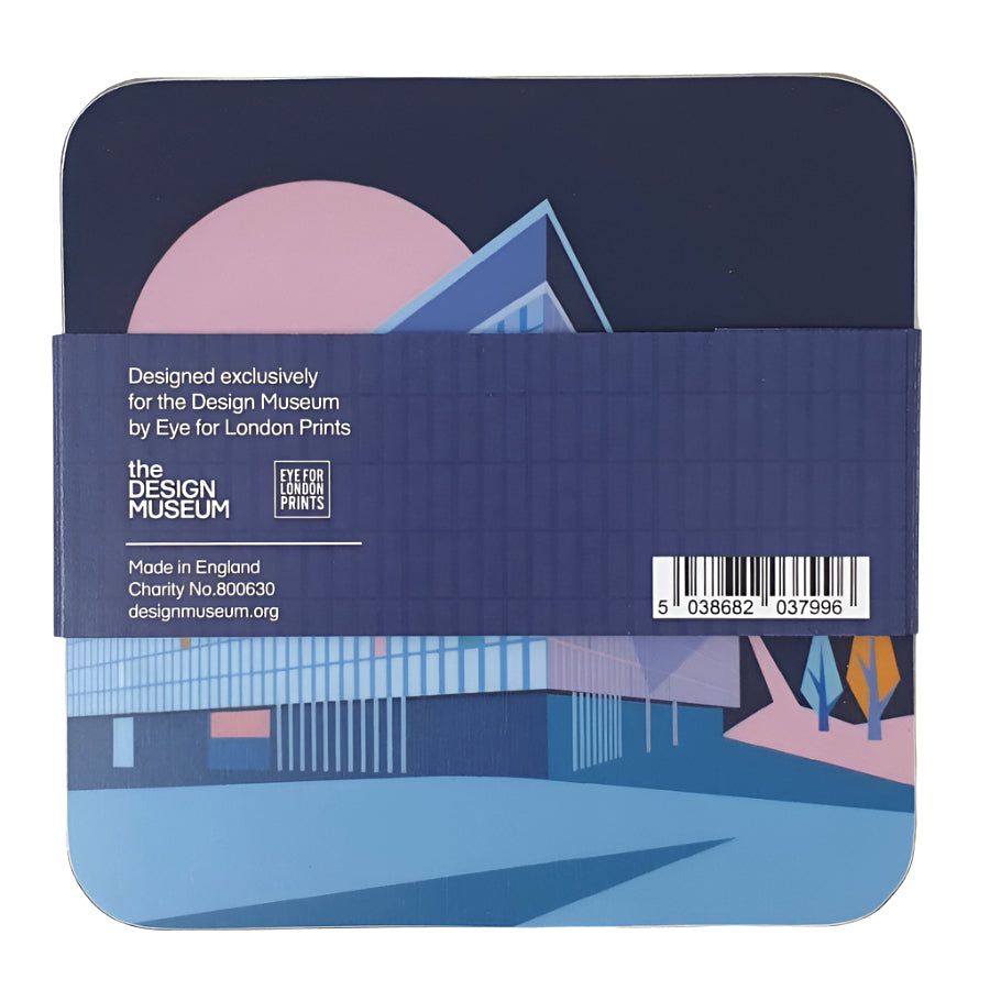 A square coasters with cork backing with a colourful graphic design of the Design Museum and blue label. 