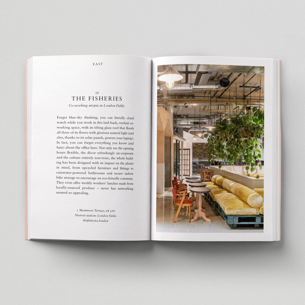 Open page of Eco London book featuring a photograph of The Fisheries coworking space. 