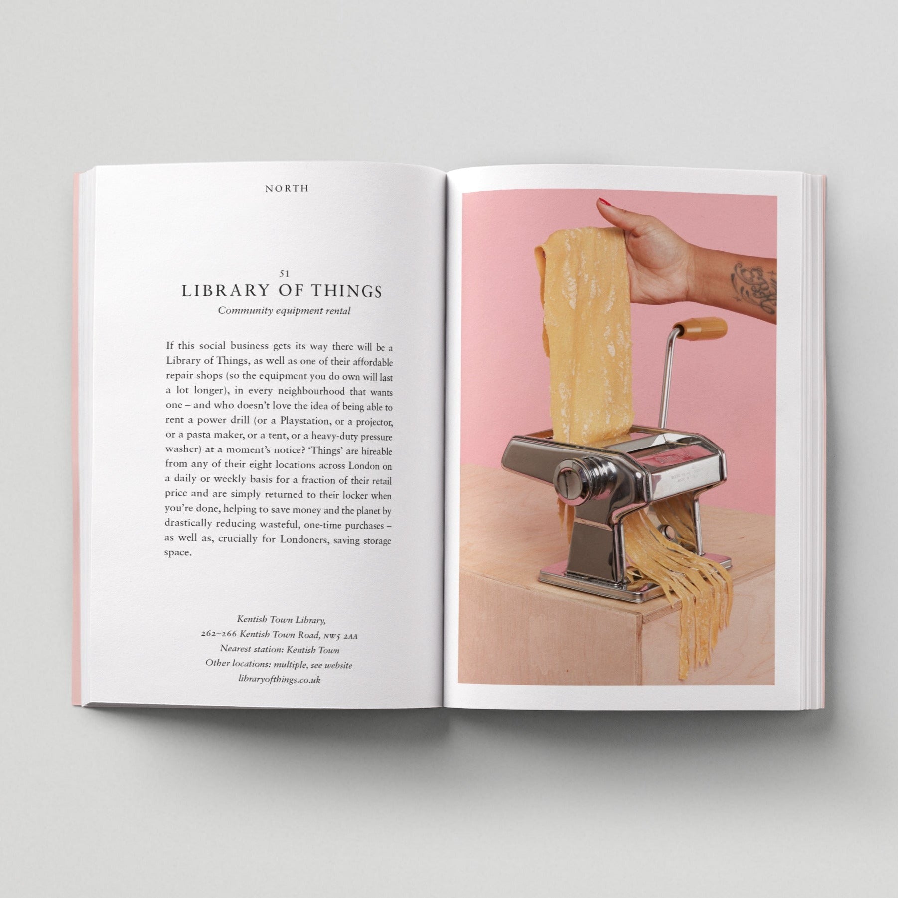Open page of Eco London book featuring a photograph of pasta going through a spaghetti machine.