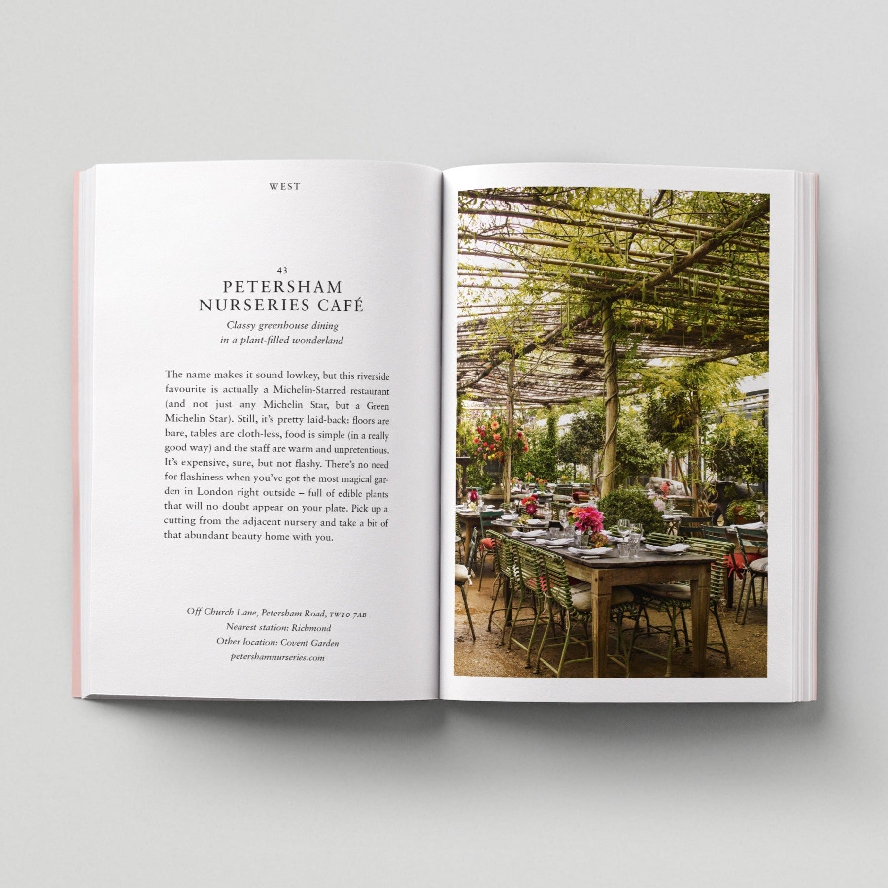 Open page of Eco London book featuring a photograph of Petersham Nurseries Cafe with lots of tables and greenery.