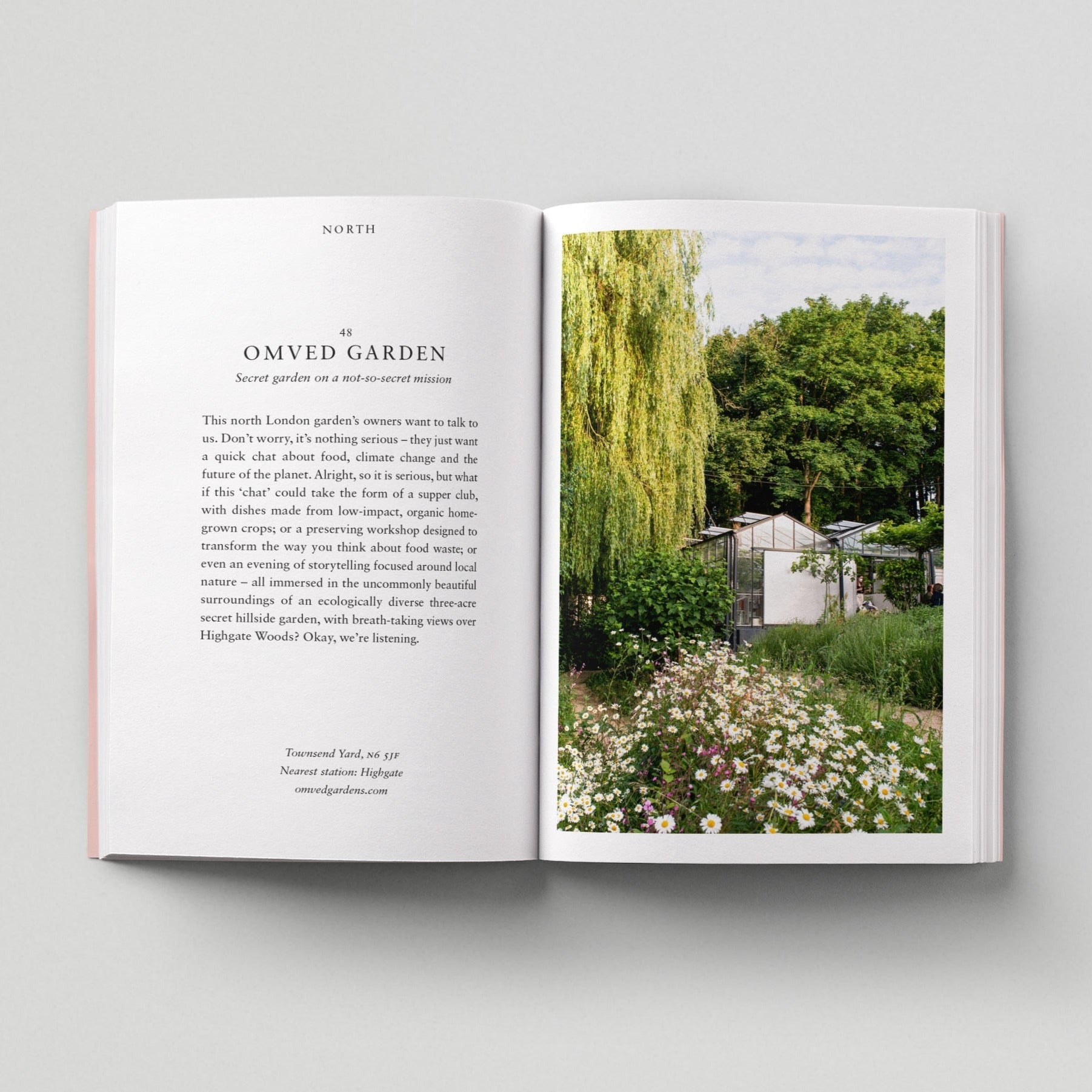 Open page of Eco London book featuring a photograph of Omved Garden.
