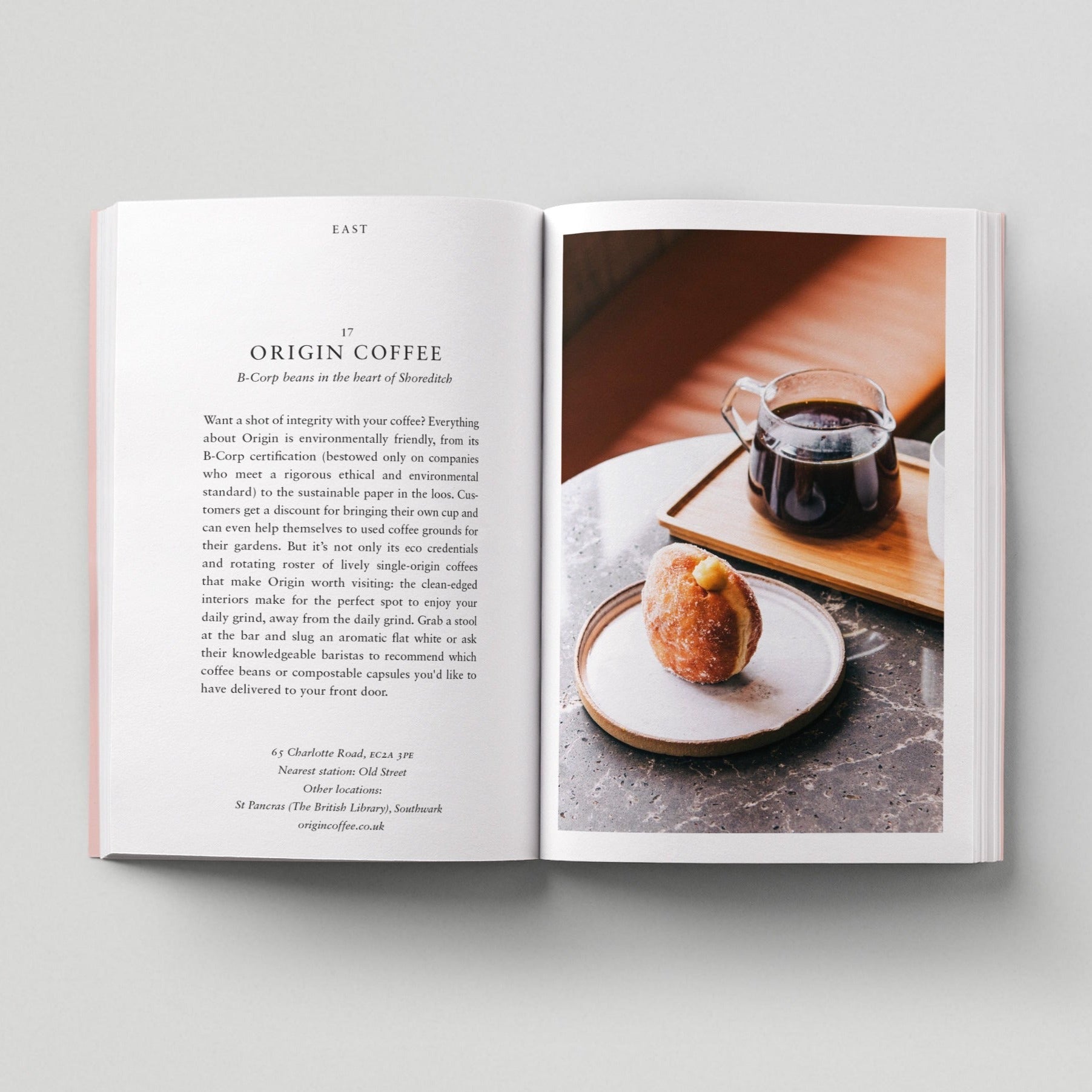 Open page of Eco London book featuring a photograph of a jug of coffee and a pastry.