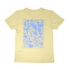 back picture of light pastel yellow kids short sleeved t-shirt featuring a monochrome image of a the Design Museum's crowdsourced wall on its back centre. printed in turquoise.